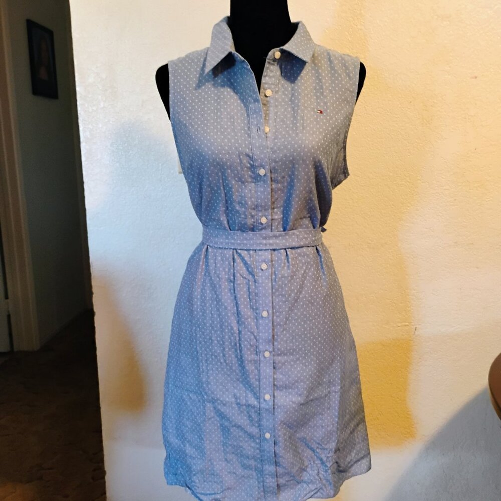 NWT Tommy Hilfiger Blue White Polka Dot Button Up Dress 10